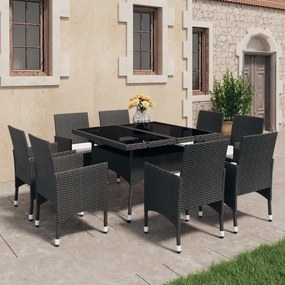 3058338 vidaXL Set mobilier grădină, 9 piese, negru, poliratan, lemn acacia