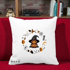 Perna Decorativa Halloween Dovleac Vrajitor Boo cu Simboluri, 40x40 cm, Alba Mata, Husa Detasabila, Perna Inclusa, BEKZ®