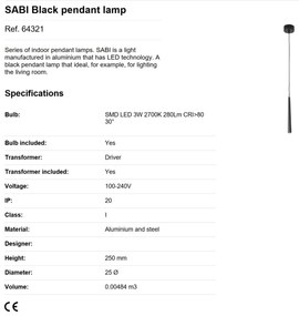 Pendul LED modern design minimalist SABI negru