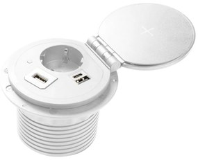 Priza incorporabila rotunda, 1 priza schuko, USB A+C + 1 port interschimbabil(USB A, HDMI, RJ45), incarcare Wireless 5 W, cablu 1.5 m, alba, GTV