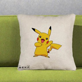 Perna Personalizata Pikachu Fericit, 40x40 cm, Bej Canapea, Husa Detasabila, Perna Inclusa, BEKZ®
