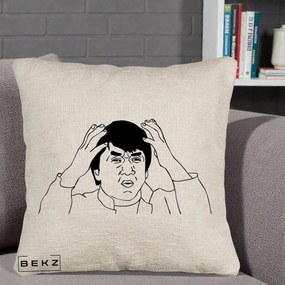 Perna Decorativa Jackie Chan WTF, 40x40 cm, Bej Canapea, Husa Detasabila, Perna Inclusa, BEKZ®
