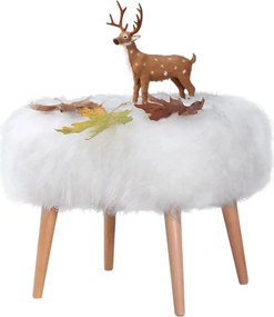 Taburet DEER, alb/stejar, blana artificiala/lemn, 50x42x45 cm