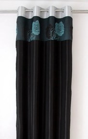 Draperie neagră cu model flori turcoaz Lăţime: 140 cm | Lungime: 250 cm (într-un set de 1 bucată)