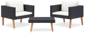vidaXL Set mobilier de grădină cu perne, 3 piese, negru, poliratan