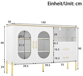 Comodă cu 2 sertare și 2 uși din sticlă, spațiu generos de depozitare, 140x38x90 cm, Alb