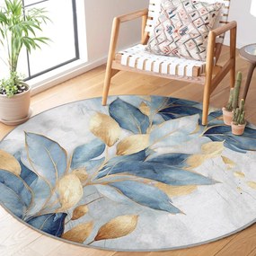 Covor albastru/auriu lavabil rotund ø 80 cm Golden Leaves – Mila Home