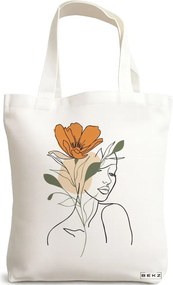 Sacosa de Panza pentru Cumparaturi, Geanta Tote, Flower Lady 1, 38x34.5 cm, Alba, BEKZ®