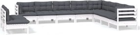 vidaXL Set mobilier grădină cu perne, 10 piese, alb, lemn masiv pin