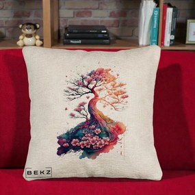 Perna Decorativa Copac Sakura Acuarela Fantasy, 40x40 cm, Bej Canapea, Husa Detasabila, Perna Inclusa, BEKZ®