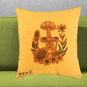 Perna Decorativa Ciuperca Pisica Boho, 40x40 cm, Galben, Husa Detasabila, Perna Inclusa, BEKZ®