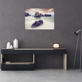 Tablou pe sticlă cu stânci în ceață (70x50 cm)