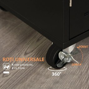 HOMCOM Cărucior de Bucătărie cu Sertar și Dulap cu 2 Uși, Insulă de Bucătărie cu roți și bară laterală, 83x45x91.5 cm, Negru | Aosom Romania