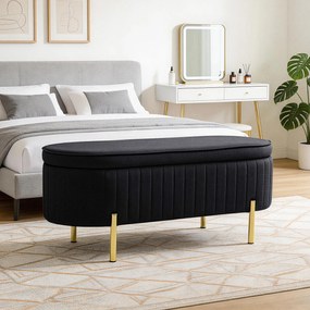 HOMCOM Bancă de Depozitare Ovală 72L cu Capac Rabatabil, din Catifea și Lemn, 108 x 44 x 43,5 cm, Negru | Aosom Romania