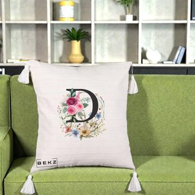 Cadou Personalizat - Perna Personalizata Monogram Litera D cu Flori Acuarela, 40x40 cm, Bej cu Franjuri, Husa Detasabila, Perna Inclusa, BEKZ®