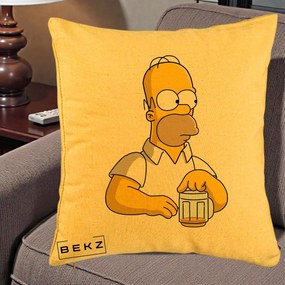 Perna Personalizata Homer Simpson cu Bere, 40x40 cm, Galben, Husa Detasabila, Perna Inclusa, BEKZ®