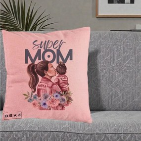 Cadou pentru Mama - Perna Personalizata Super Mom Mama cu Bebelusul, 40x40 cm, Roz, Husa Detasabila, Perna Inclusa, BEKZ®