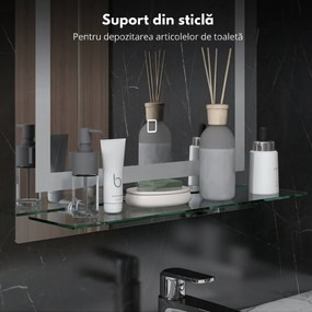 Kleankin Oglindă de Baie cu Lumini LED în 3 Culori Reglabile și Raft din Sticlă, 50x12x70 cm, Argintiu | Aosom Romania