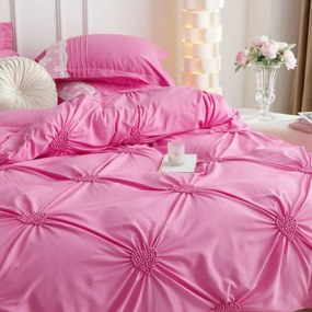 Lenjerie de pat uni cu pliuri si broderie, tesatura tip finet, 6 piese, pat 2 persoane, roz, FNJS-49