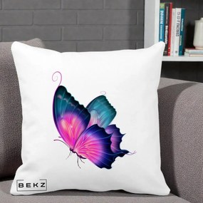 Perna Decorativa Fluture Neon, 40x40 cm, Alba Mata, Husa Detasabila, Perna Inclusa, BEKZ®