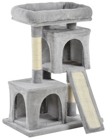 PawHut Ansamblu pentru pisici cu stalpi din sisal, pat si 2 case cu tapiterie de plus, 59x39x83cm, gri | Aosom Romania