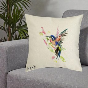Perna Decorativa Colibri Acuarela, 40x40 cm, Ecru, Husa Detasabila, Perna Inclusa, BEKZ®