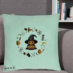 Perna Decorativa Halloween Dovleac Vrajitor Boo cu Simboluri, 40x40 cm, Verde Menta, Husa Detasabila, Perna Inclusa, BEKZ®