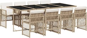 vidaXL Set de masă pentru grădină, 9 piese, cu perne, bej, poliratan