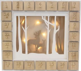 Calendar Crăciun din lemn cu LED și timer, motiv reni, 30x25