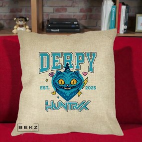 Perna Personalizata K-pop HUNTRX Derpy Pisica Albastra, 40x40 cm, Crem, Husa Detasabila, Perna Inclusa, BEKZ®