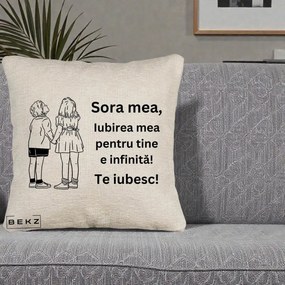 Cadou pentru Sora - Perna Personalizata Sora Mea Te Iubesc Copii Tinand Maini Line Art, 40x40 cm, Bej Canapea, Husa Detasabila, Perna Inclusa, BEKZ®
