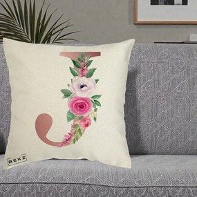 Cadou Personalizat - Perna Personalizata Monograma Rose Gold Litera J, 40x40 cm, Ecru, Husa Detasabila, Perna Inclusa, BEKZ®