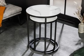 Neînvins Set de masă laterală rotundă Elegance cu 2 rame alb și negru cu aspect de marmură
