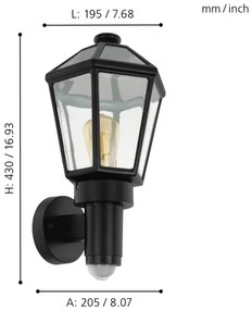 Eglo 97257 - Aplica de perete exterior MONSELICE cu senzor, 1xE27/28W, IP44