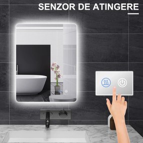 kleankin Oglindă de Baie cu Lumină LED, 3 Culori, Întrerupătoare Touch și Luminozitate Reglabilă, 70x50x3 cm, Transparent | Aosom Romania