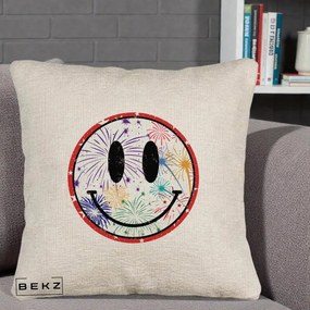Perna Decorativa Smiley Face cu Artificii Multicolore, 40x40 cm, Bej Canapea, Husa Detasabila, Perna Inclusa, BEKZ®