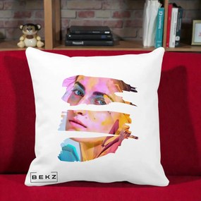 Perna Decorativa Portret Femeie Fragmentat Colorat, 40x40 cm, Alba Mata, Husa Detasabila, Perna Inclusa, BEKZ®