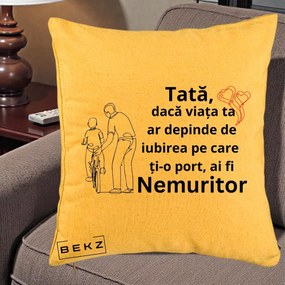 Cadou pentru Tata - Perna Personalizata Tata Nemuritor Bicicleta, 40x40 cm, Galben, Husa Detasabila, Perna Inclusa, BEKZ®