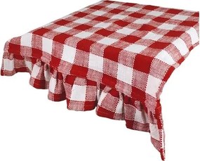 Napron de masă din bumbac organic, rosu și alb, model în carouri cu volănaș decorativ, 50x150 cm „Ida Stripe"