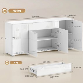HOMCOM Sideboard lucios, bufet modern cu 4 uși și rafturi reglabile, dulap de bucătărie cu Soft-Close, alb | Aosom Romania