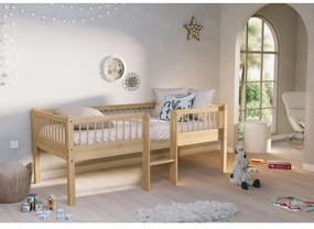 Pat Semi-Înălțat (Mid-Sleeper) cu Scară Forrest Oak pentru Camera Copii, 90x200 cm, din Lemn Masiv de Stejar, Natur – Vipack