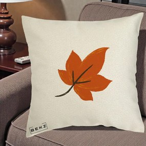 Perna Decorativa Frunza de Toamna Portocalie, 40x40 cm, Ecru, Husa Detasabila, Perna Inclusa, BEKZ®