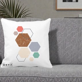 Perna Decorativa Geometric Hexagoane Multicolor, 40x40 cm, Alba Mata, Husa Detasabila, Perna Inclusa, BEKZ®