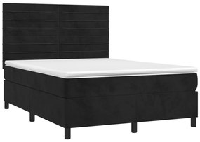 Pat box spring cu saltea, negru, 140x190 cm, catifea Negru, 140 x 190 cm, Benzi orizontale