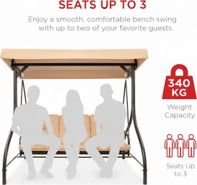 Leagan de grădină, șezlong tip pat, 3 locuri, copertina reglabila, cadru otel, 194x120x173 cm, Bej Tan