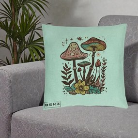 Perna Decorativa Ciuperci Boho Multicolore, 40x40 cm, Verde Menta, Husa Detasabila, Perna Inclusa, BEKZ®