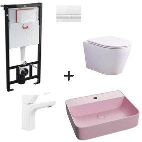 Set vas wc rimless cu capac soft close, lavoar baie roz mat, baterie si rezervor wc cu clapeta alb lucios