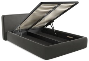 Pat matrimonial gri închis tapițat cu spațiu de depozitare cu somieră 140x200 cm Kiana – Makamii