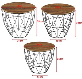 Set 3 masute living design industrial blat lemn schelet metalic Negru/stejar