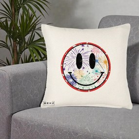 Perna Decorativa Smiley Face cu Artificii Multicolore, 40x40 cm, Crem Reliefat, Husa Detasabila, Perna Inclusa, BEKZ®
